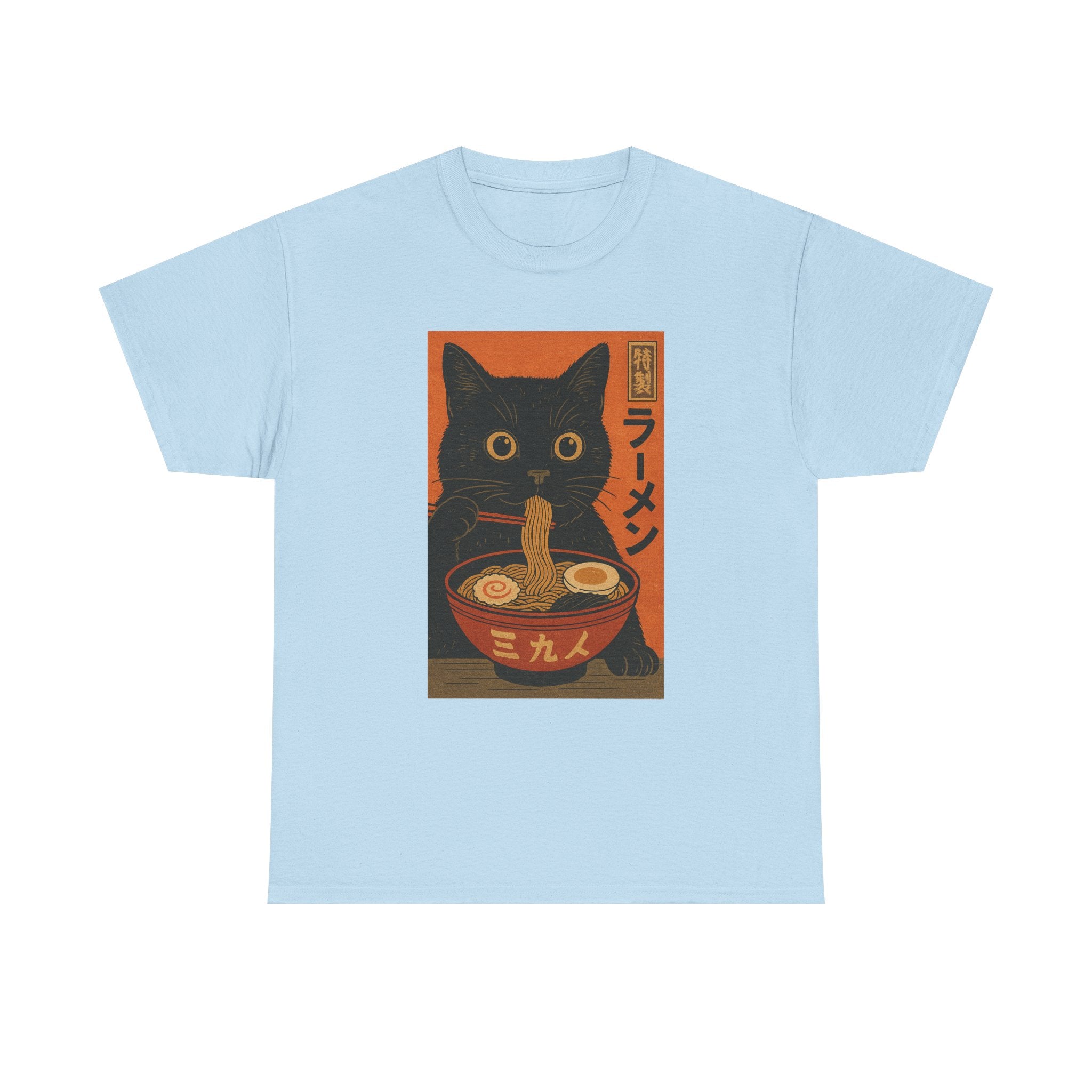 Japanese Cat Ramen Tee, Funny Cat Shirt, Unisex Heavy Cotton Tee, Cute Gift for Cat Lovers, Ramen Lover Apparel, Quirky T-Shirt