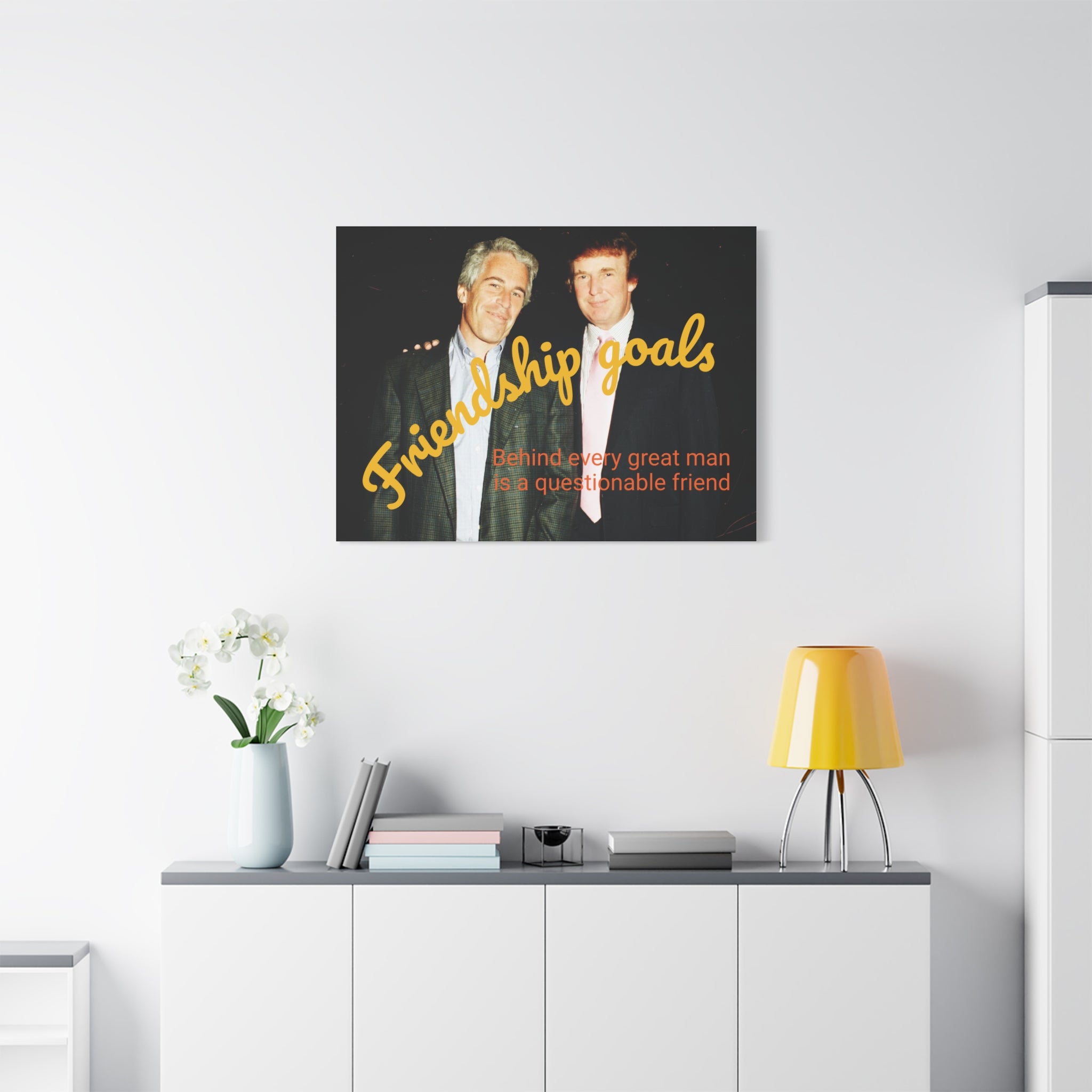 Trump and Epstein, Canvas Wall Art Poster, Matte Stretched 1 25" Print, Novelty Decor, Political Gift, Celebrity Art, Satire Artwork
