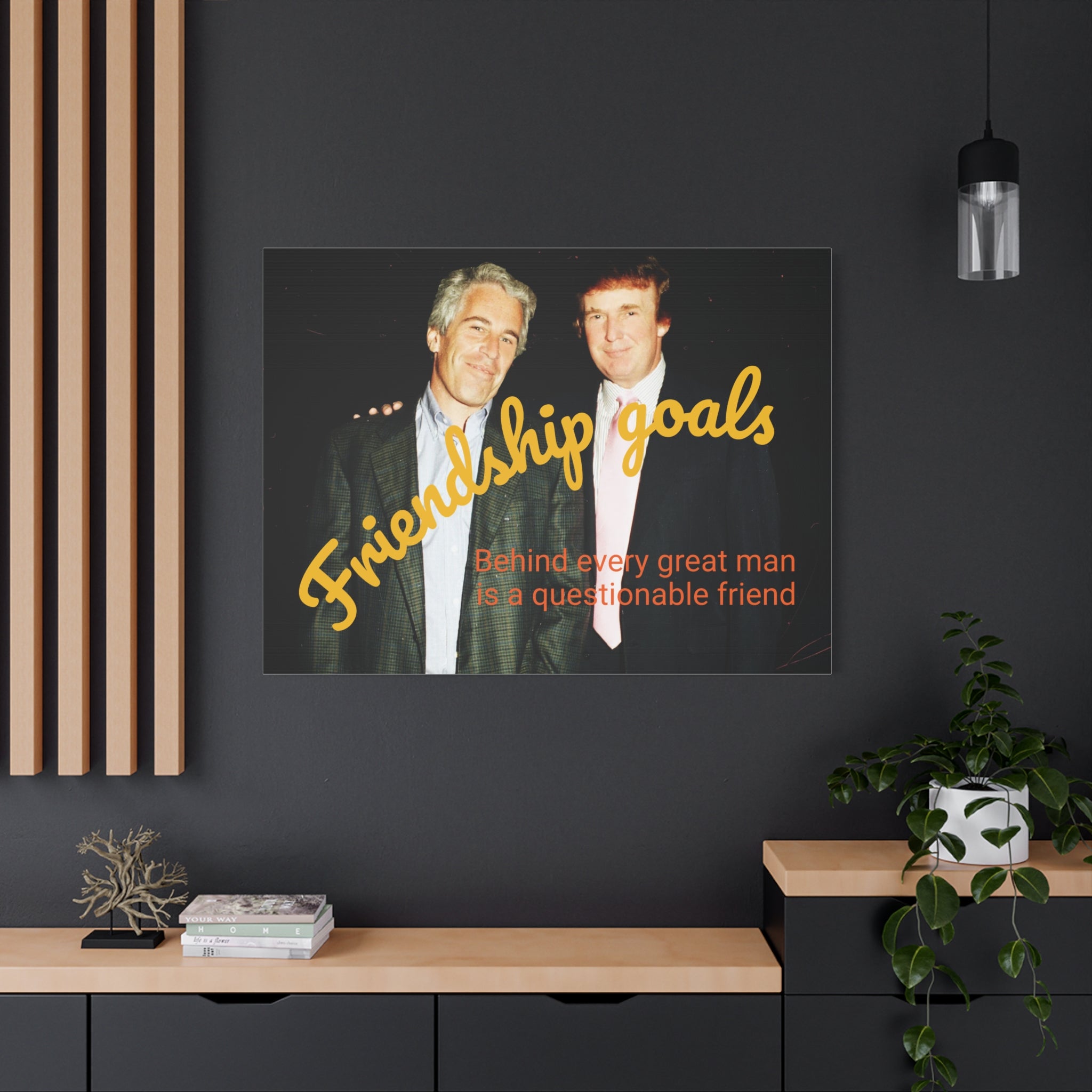 Trump and Epstein, Canvas Wall Art Poster, Matte Stretched 1 25" Print, Novelty Decor, Political Gift, Celebrity Art, Satire Artwork