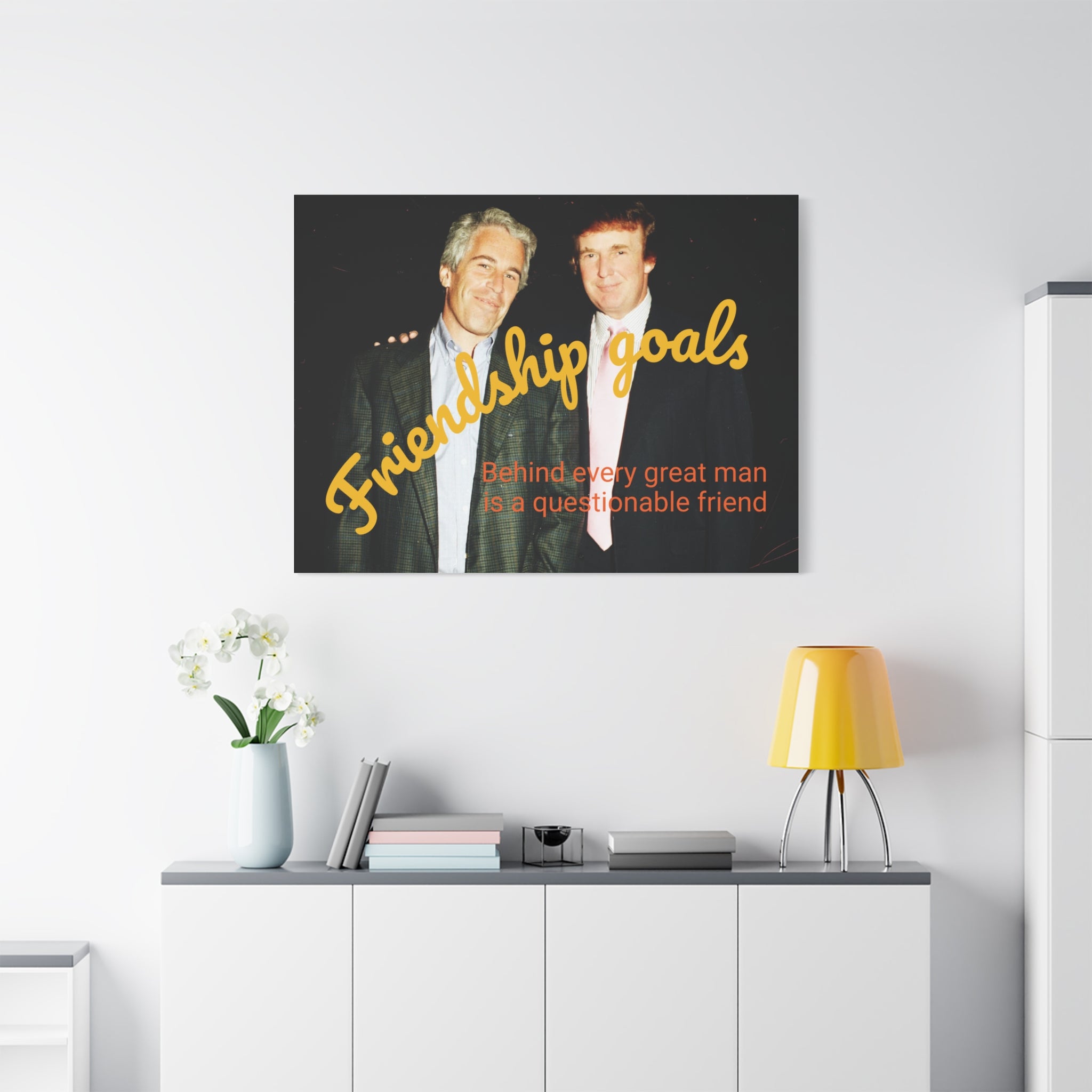 Trump and Epstein, Canvas Wall Art Poster, Matte Stretched 1 25" Print, Novelty Decor, Political Gift, Celebrity Art, Satire Artwork