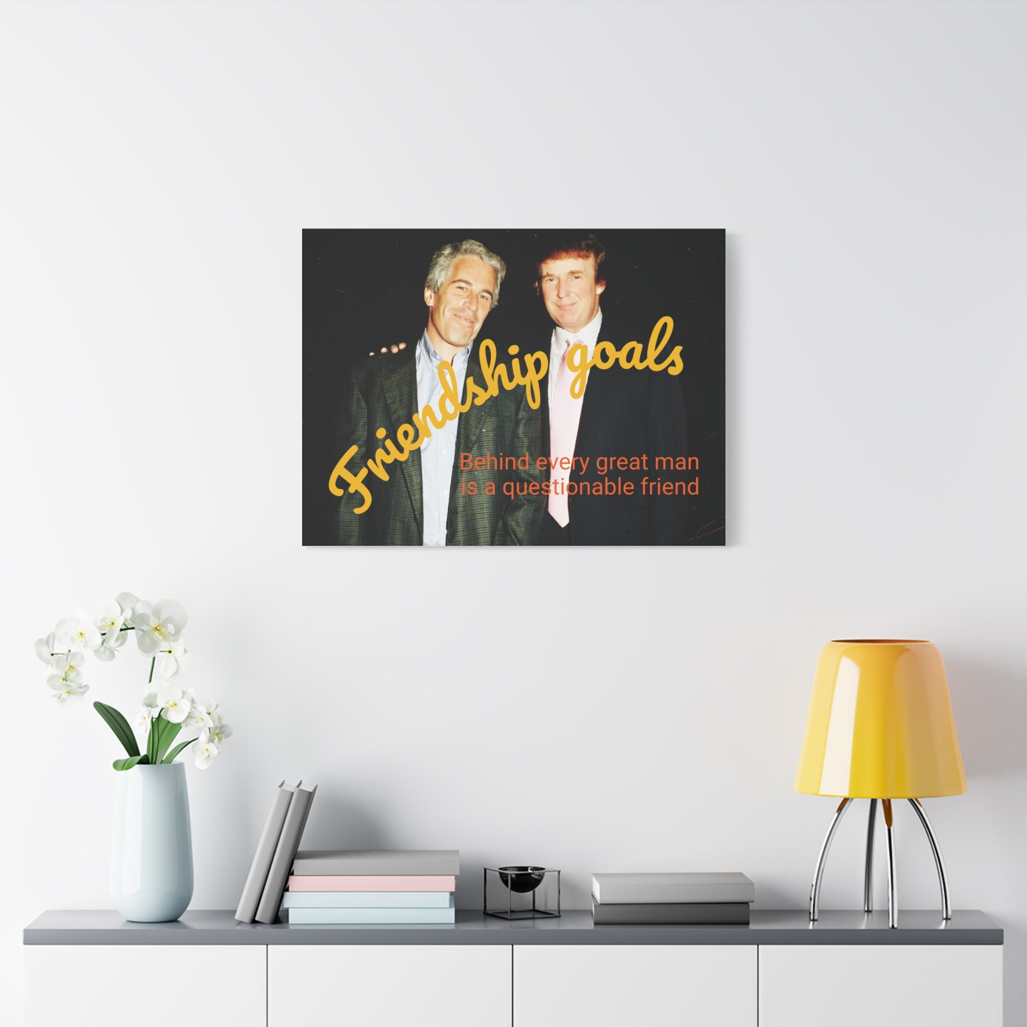 Trump and Epstein, Canvas Wall Art Poster, Matte Stretched 1 25" Print, Novelty Decor, Political Gift, Celebrity Art, Satire Artwork