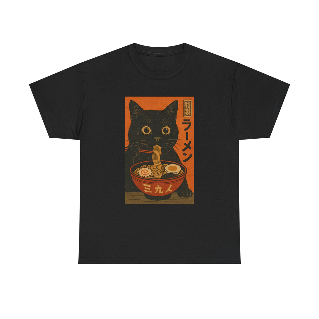 Japanese Cat Ramen Tee, Funny Cat Shirt, Unisex Heavy Cotton Tee, Cute Gift for Cat Lovers, Ramen Lover Apparel, Quirky T-Shirt