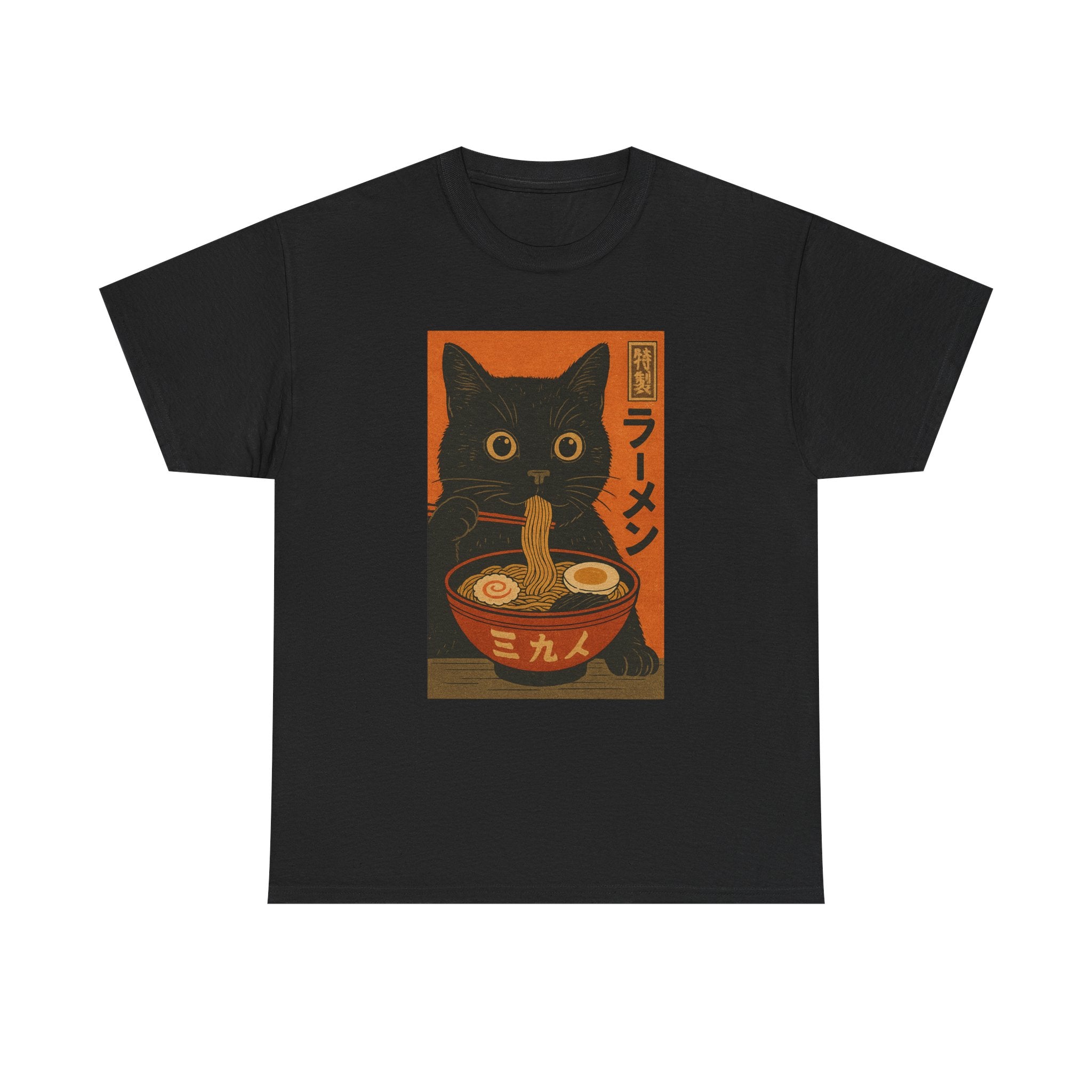 Japanese Cat Ramen Tee, Funny Cat Shirt, Unisex Heavy Cotton Tee, Cute Gift for Cat Lovers, Ramen Lover Apparel, Quirky T-Shirt