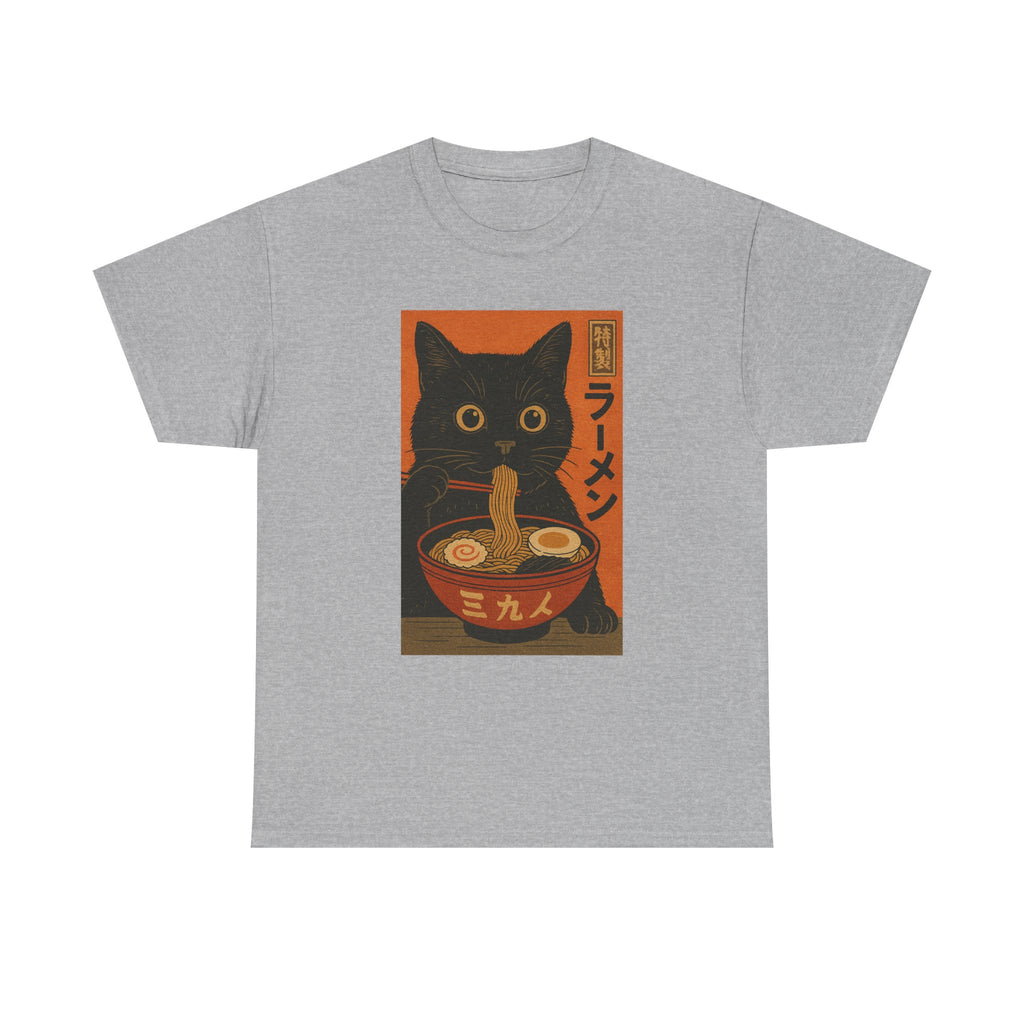 Japanese Cat Ramen Tee, Funny Cat Shirt, Unisex Heavy Cotton Tee, Cute Gift for Cat Lovers, Ramen Lover Apparel, Quirky T-Shirt