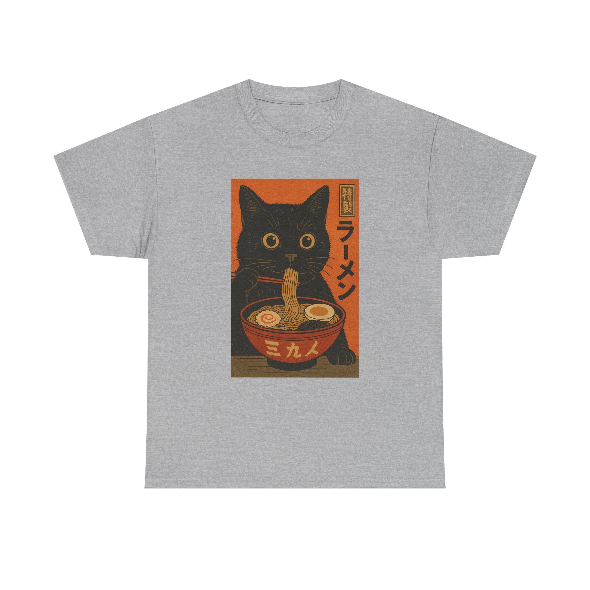 Japanese Cat Ramen Tee, Funny Cat Shirt, Unisex Heavy Cotton Tee, Cute Gift for Cat Lovers, Ramen Lover Apparel, Quirky T-Shirt
