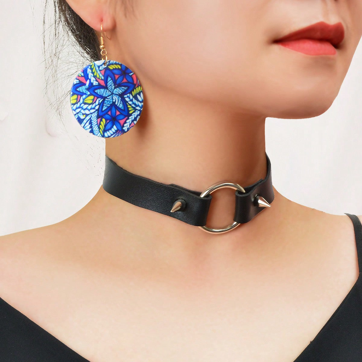 Colourful Printed Earrings with Black Studs Adjustable Short Necklace Set Bundle-0