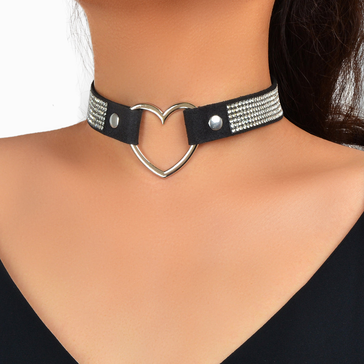 Gothic Heart Choker Necklace - Adjustable Rhinestone Punk Jewelry for Women | Black Leather Alternative Fashion Accessory-0