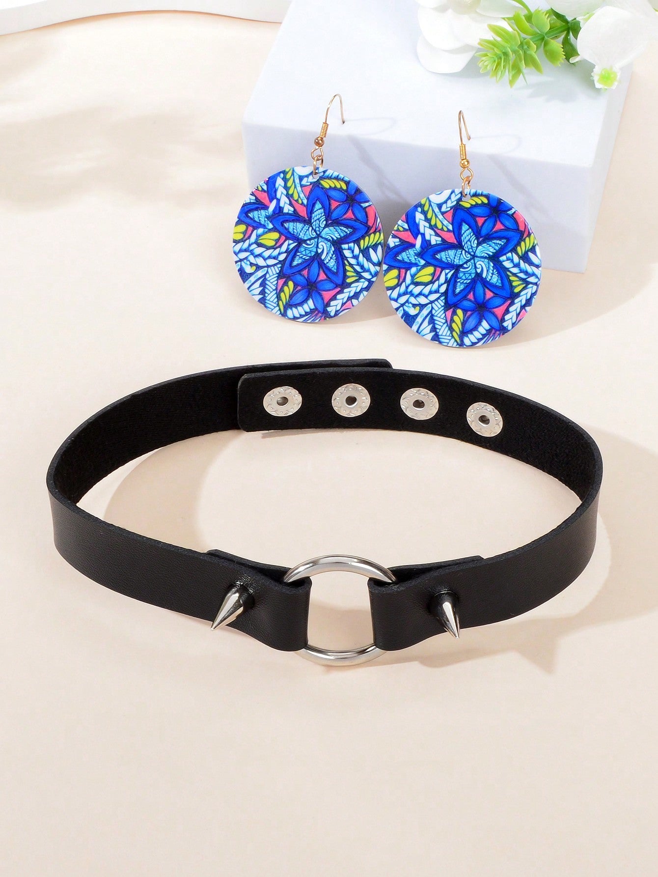 Colourful Printed Earrings with Black Studs Adjustable Short Necklace Set Bundle-1