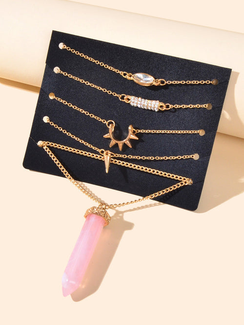 5pcs Bono Chic Gold Chain Rhinestone Spike Pink Hexagonal Gemstone Bracelets Set - Feelontop Jewellery-0