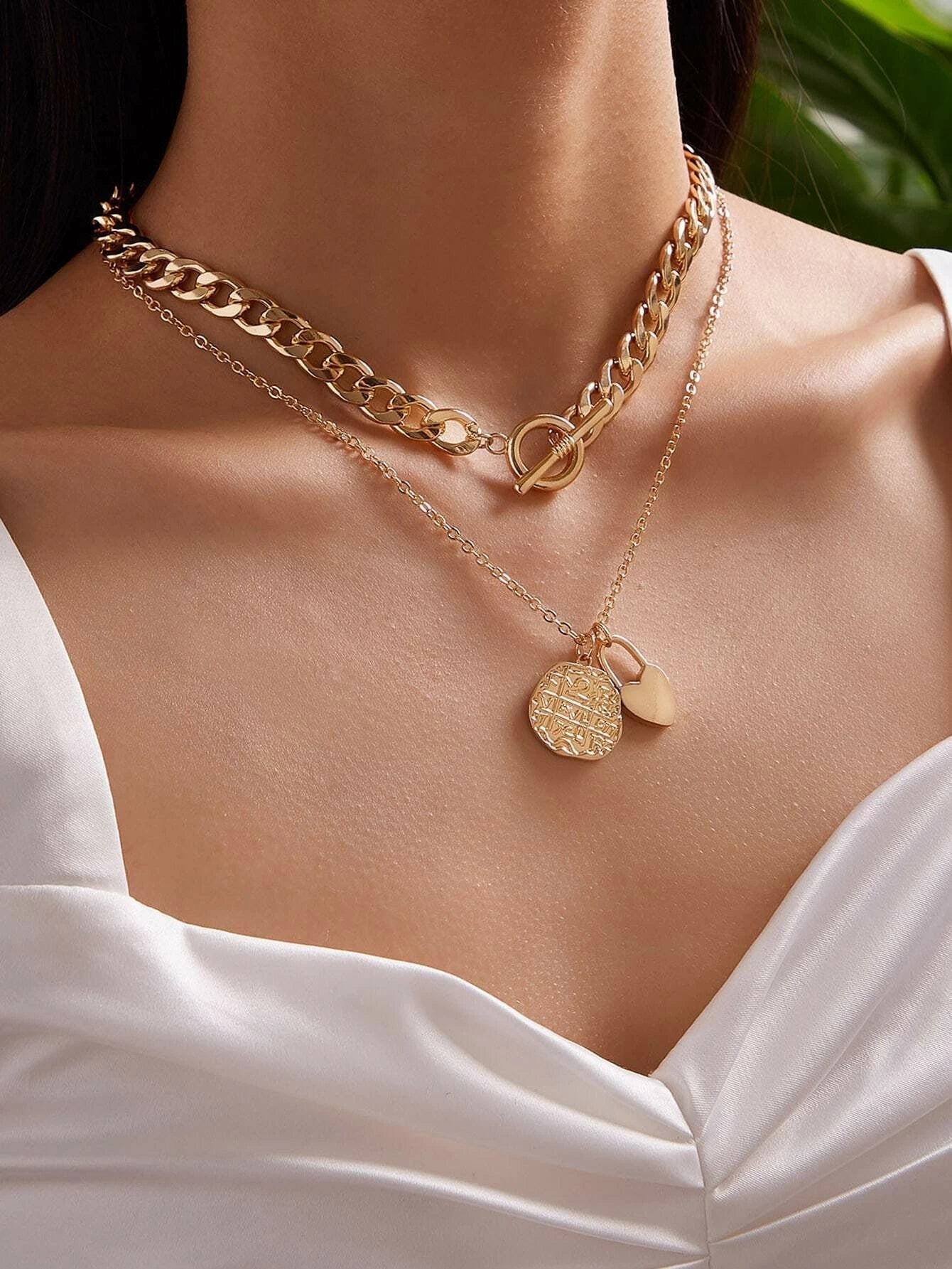 Punk Jewellery Crude Gold Double layer Chain Round Disc Lock Love Heart Necklace-0