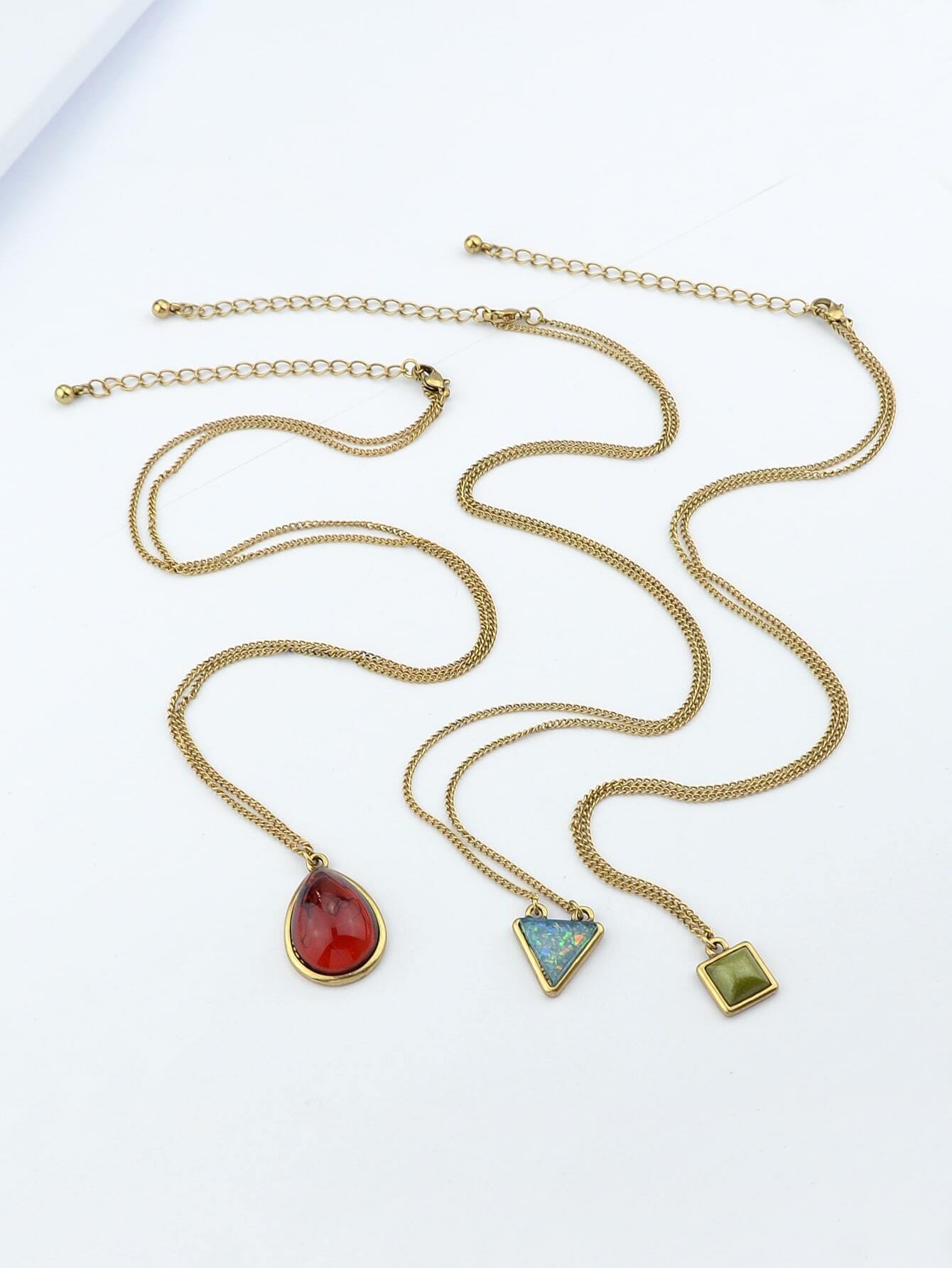 Bohemian Gold Chain Necklace Set - 3pc Resin Charm Collection | Triangle & Water Drop Pendants-0
