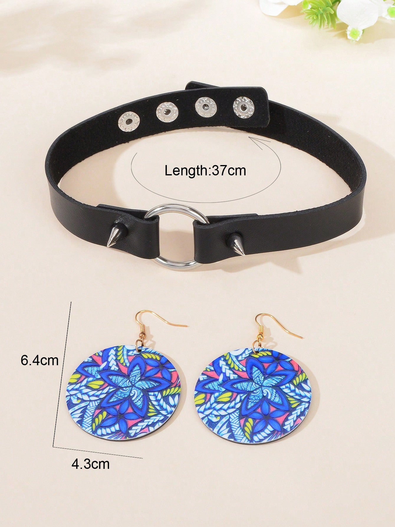 Colourful Printed Earrings with Black Studs Adjustable Short Necklace Set Bundle-2