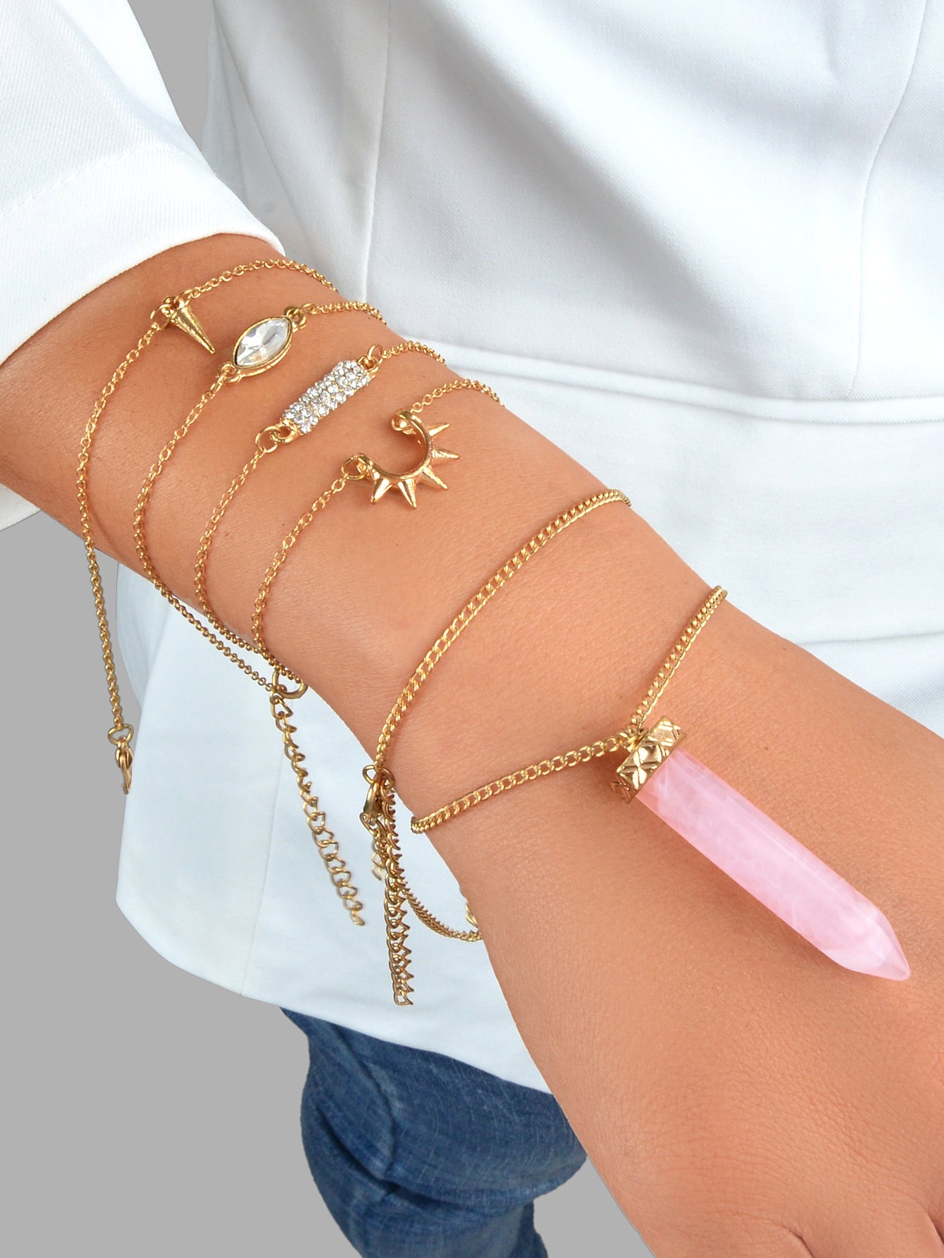 5pcs Bono Chic Gold Chain Rhinestone Spike Pink Hexagonal Gemstone Bracelets Set - Feelontop Jewellery-1