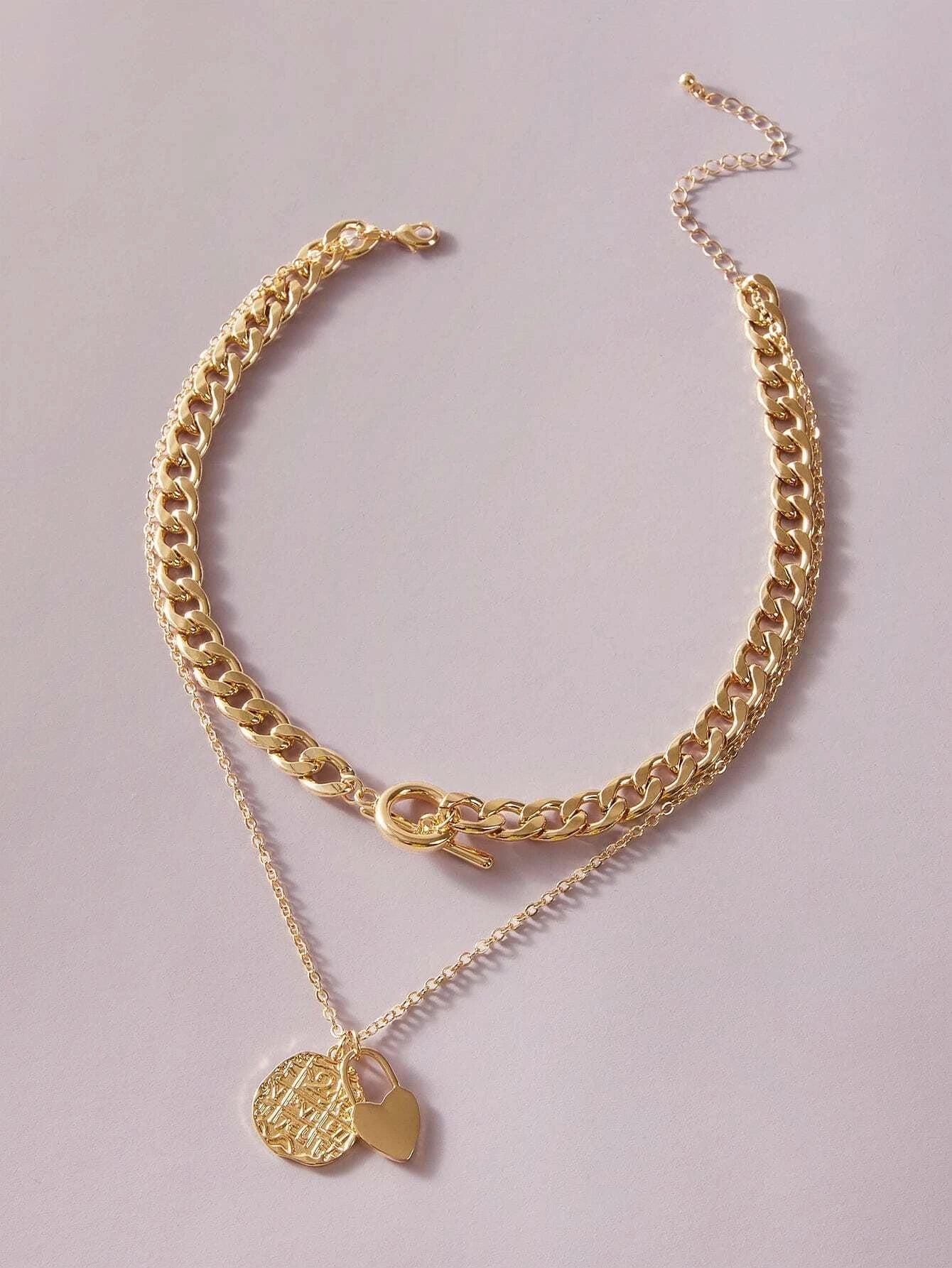 Punk Jewellery Crude Gold Double layer Chain Round Disc Lock Love Heart Necklace-1