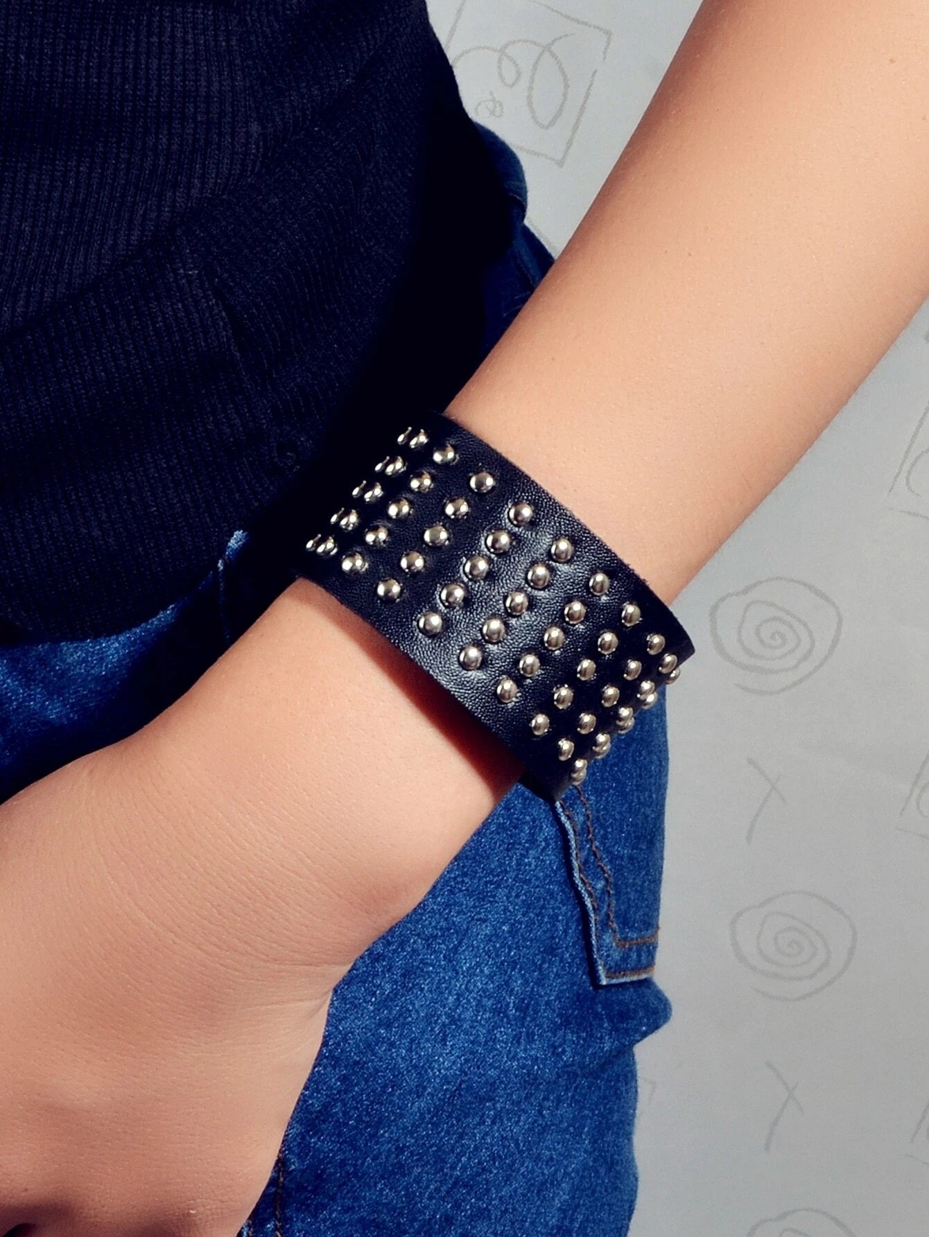Punk Rock Silver Spike Leather Wide Wrap Bracelet Women Teens Hiphop Jewellery-1