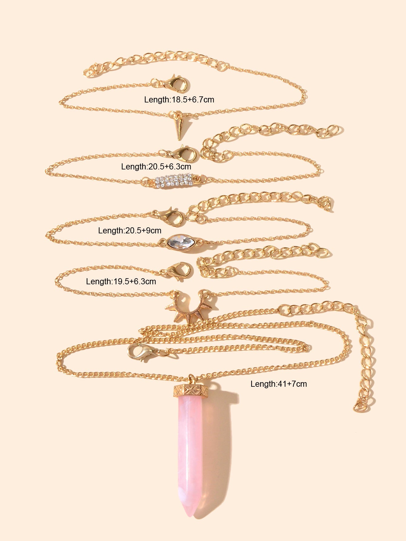 5pcs Bono Chic Gold Chain Rhinestone Spike Pink Hexagonal Gemstone Bracelets Set - Feelontop Jewellery-2