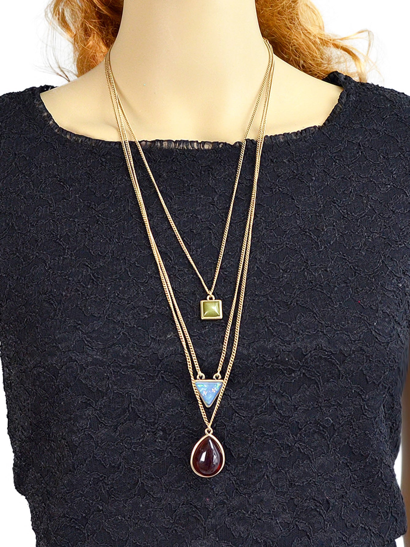 Bohemian Gold Chain Necklace Set - 3pc Resin Charm Collection | Triangle & Water Drop Pendants-3
