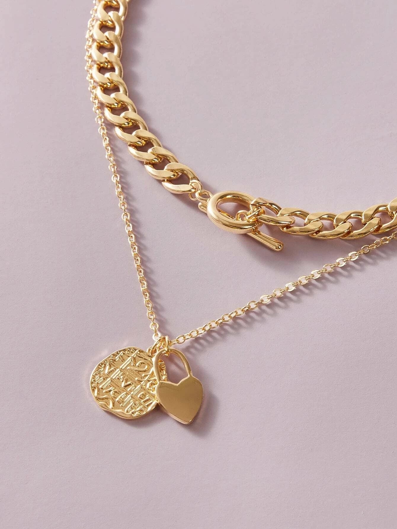 Punk Jewellery Crude Gold Double layer Chain Round Disc Lock Love Heart Necklace-2