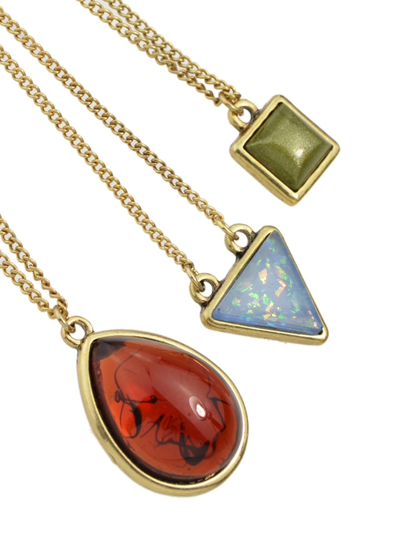 Bohemian Gold Chain Necklace Set - 3pc Resin Charm Collection | Triangle & Water Drop Pendants-4