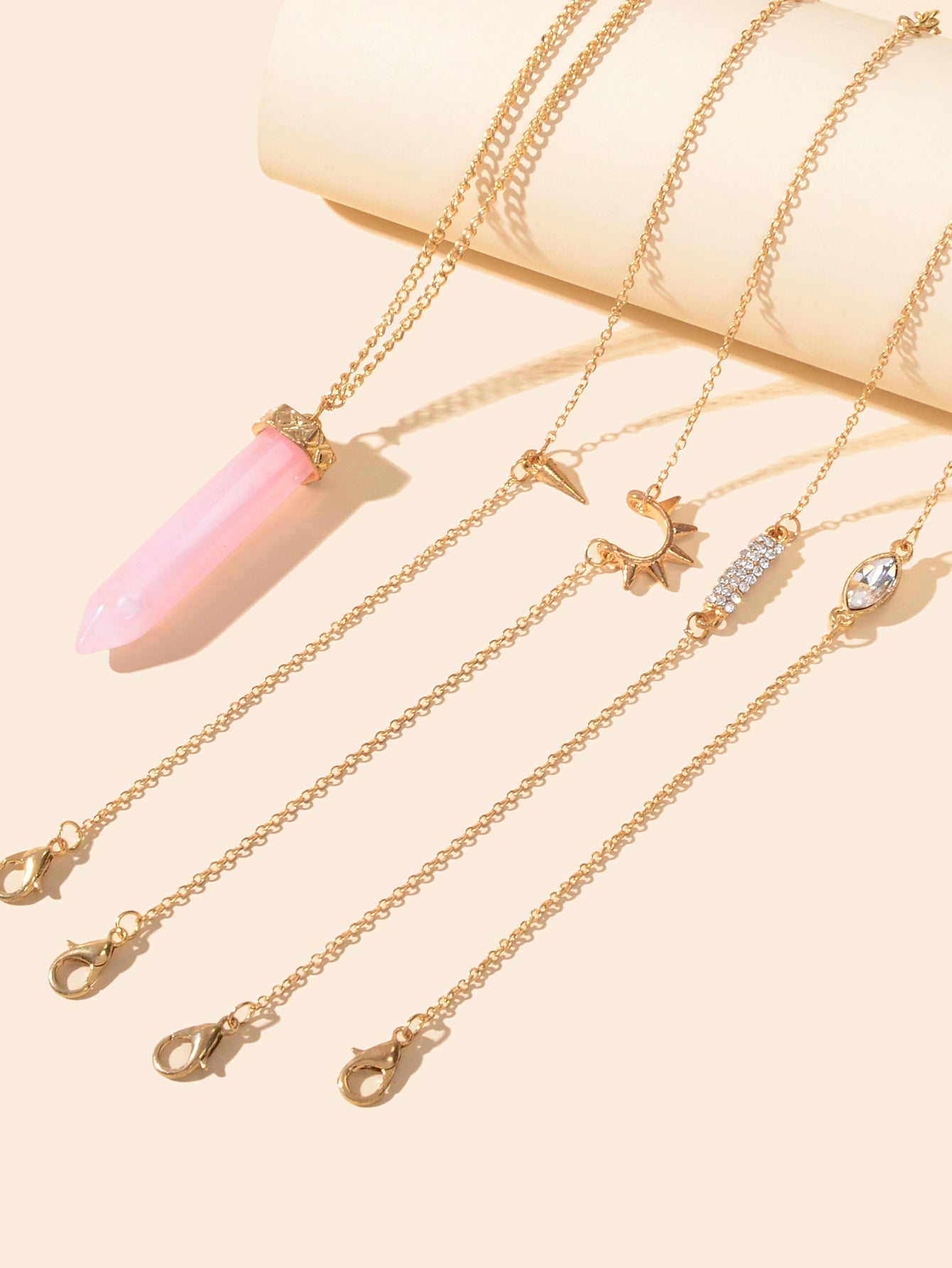 5pcs Bono Chic Gold Chain Rhinestone Spike Pink Hexagonal Gemstone Bracelets Set - Feelontop Jewellery-3