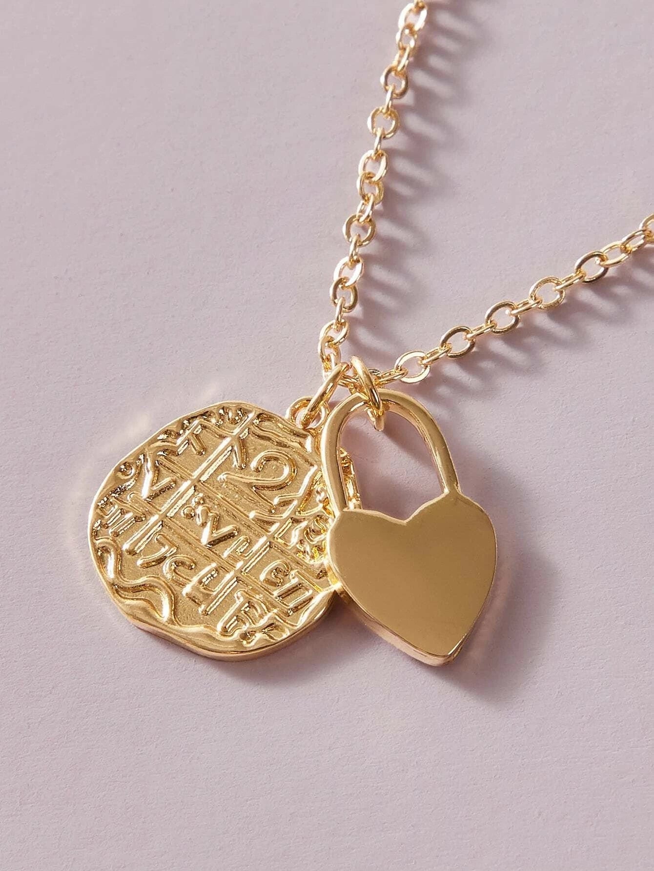 Punk Jewellery Crude Gold Double layer Chain Round Disc Lock Love Heart Necklace-3
