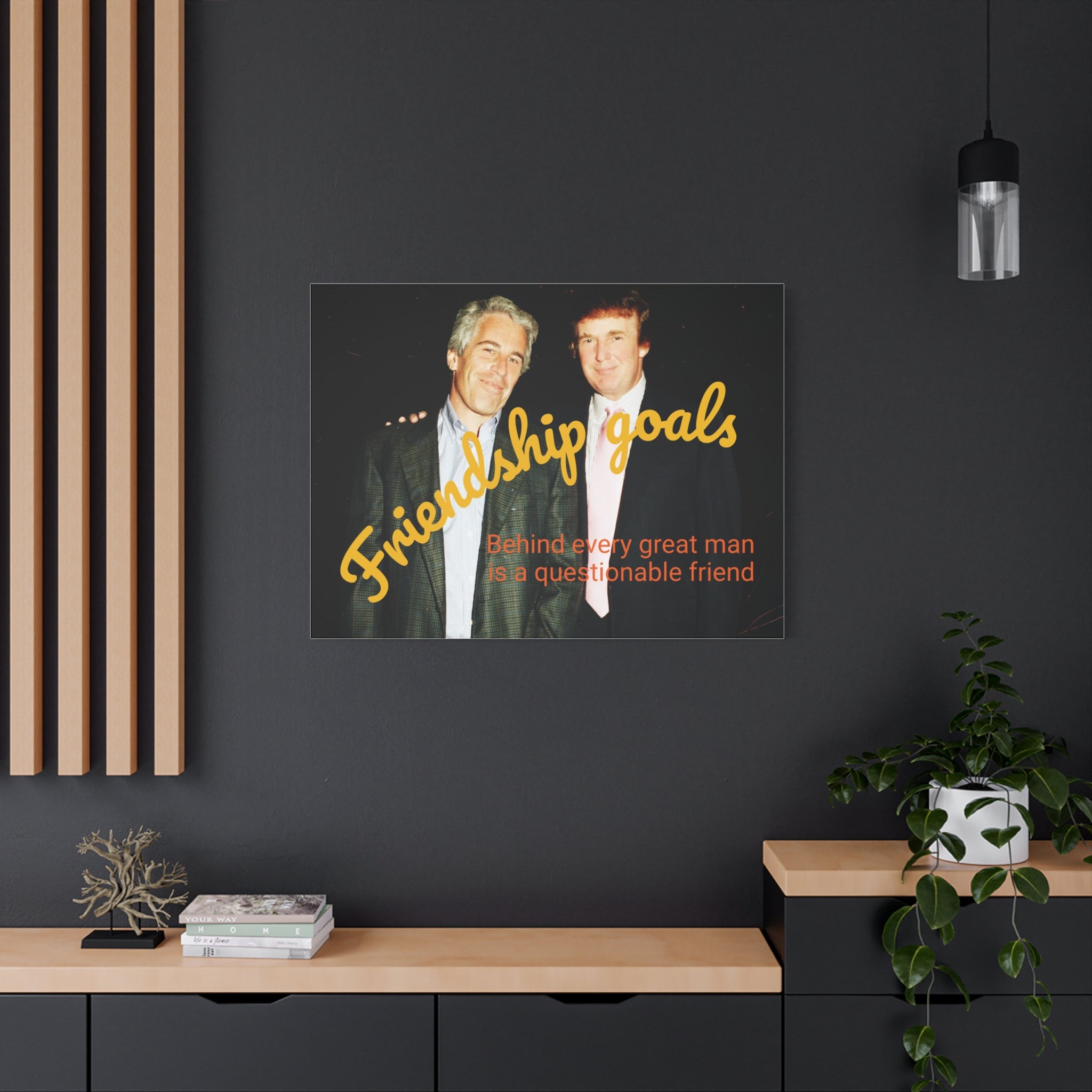 Trump and Epstein, Canvas Wall Art Poster, Matte Stretched 1 25" Print, Novelty Decor, Political Gift, Celebrity Art, Satire Artwork