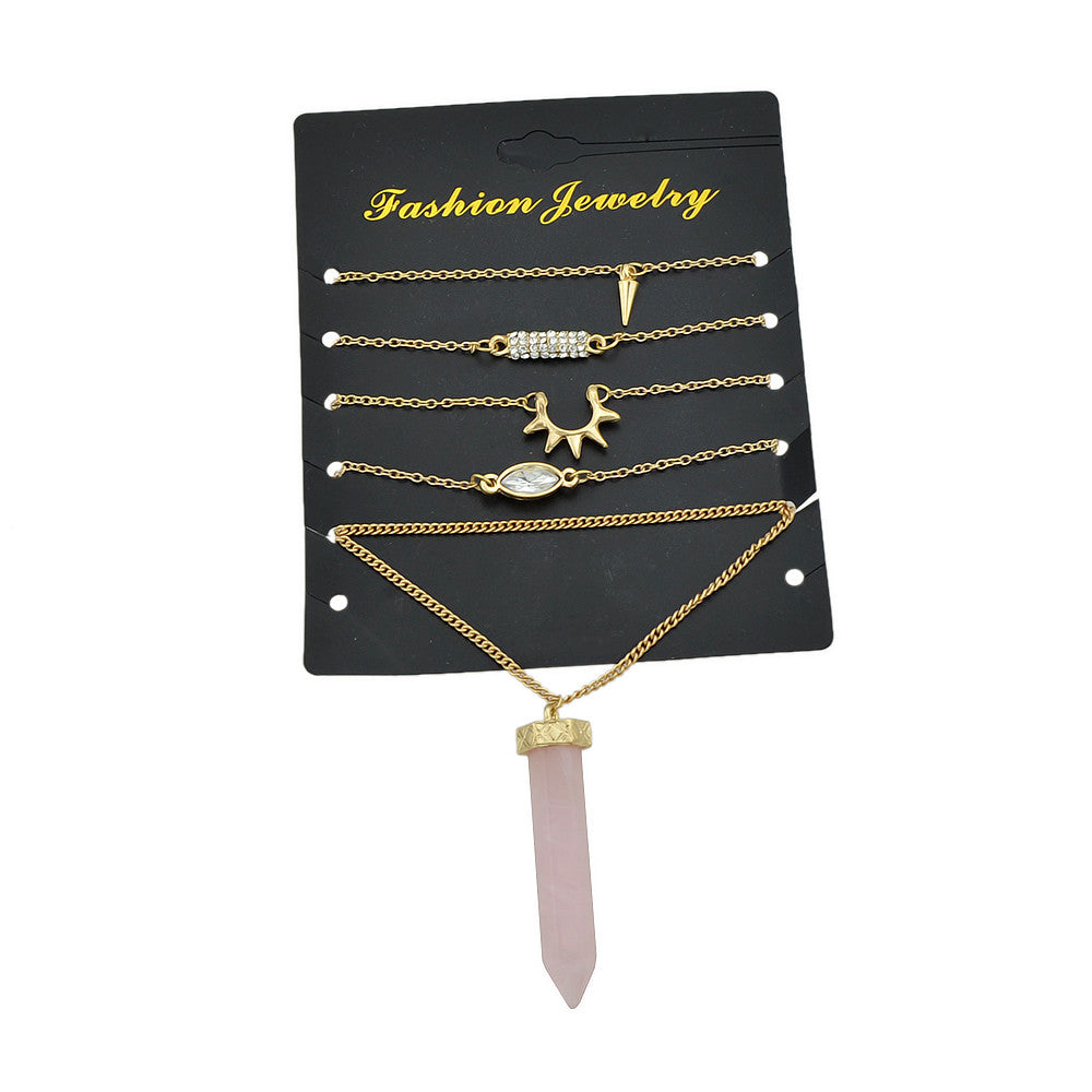 5pcs Bono Chic Gold Chain Rhinestone Spike Pink Hexagonal Gemstone Bracelets Set - Feelontop Jewellery-4