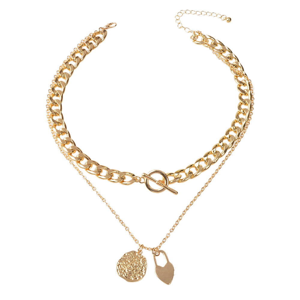Punk Jewellery Crude Gold Double layer Chain Round Disc Lock Love Heart Necklace-4